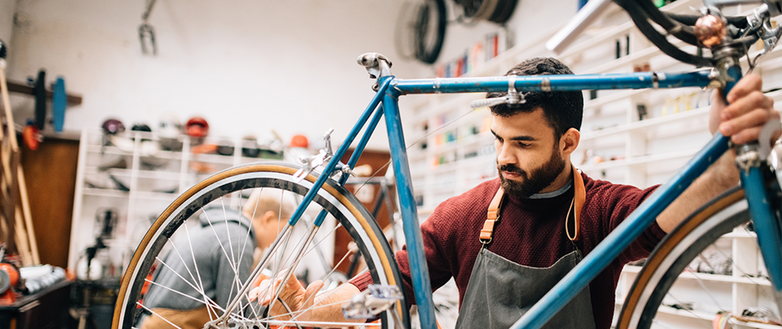 bike repair shop with worker